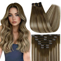 Full Shine Balayage Brown Clip in Hair Extensions Human Hair Brown to Light Brown Mix Light Blonde Remy Hair Extensions Straight Clip in Extensions for Women 20 Inch 7 Pcs 120 G