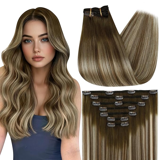 Full Shine Hair Extensions Clip ins Brown Ombre 22 Inch Clip in Human Hair Extensions Dark Brown to Blonde Clip in Extensions Real Human Hair Long Straight Hair 7 Pcs 120 G
