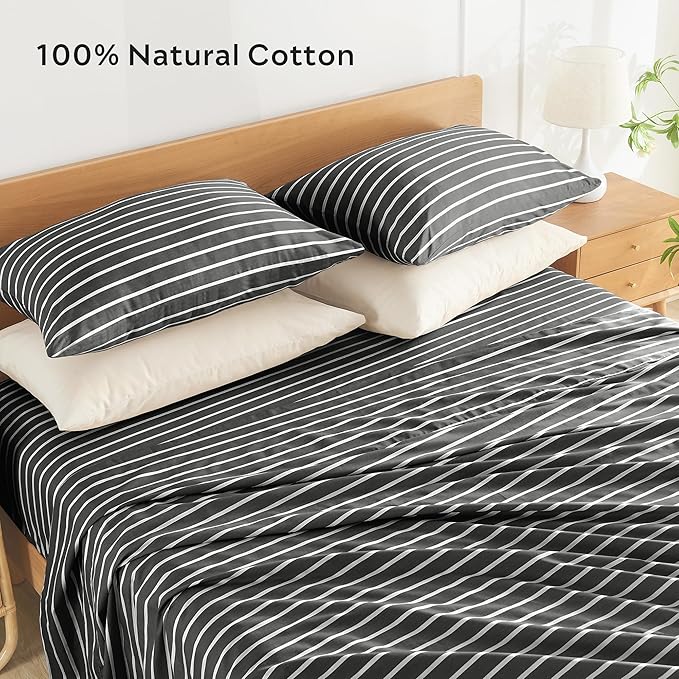 JELLYMONI 100% Natural Cotton Striped Standard Pillowcases Set, 2 Pack White and Black Stripes Pattern Printed Pillow Covers with Envelope Closure(Pillows are not Included)
