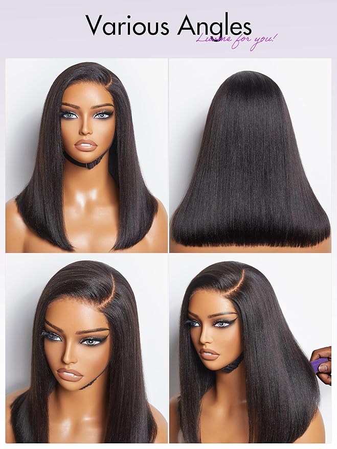 LUVME HAIR 14 Inch Light Yaki Straight Bob Wig Human Hair, Undetectable HD Lace Glueless Bob Wigs Human Hair Pre Plucked, Pre Cut Lace Wig Short Black Blunt Cut Bob Wigs 180 Density