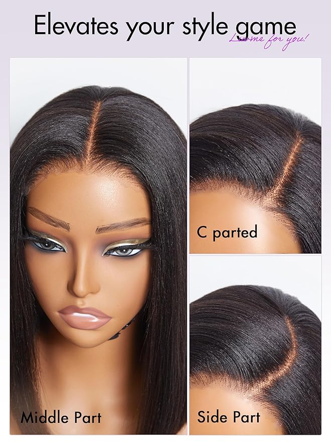 LUVME HAIR 12" Light Yaki Glueless Bob Wigs Human Hair Pre Plucked, 5x5 HD Lace Closure Wigs Human Hair 180 Density, Ready to Go Wig with Bleached Knots & Pre Cut Lace