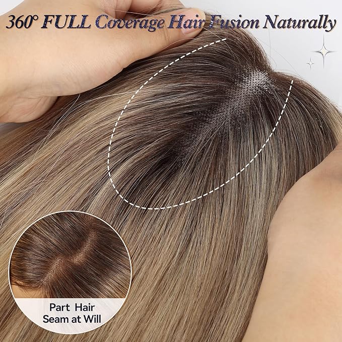 starluck Human Hair Toppers for Women with Thinning Hair, 14 Inch Real Hair Topper, 4.6x4 Inch SilkHug Swiss Lace Base Hairpiece, With Bangs (Ombre Ash Blonde)