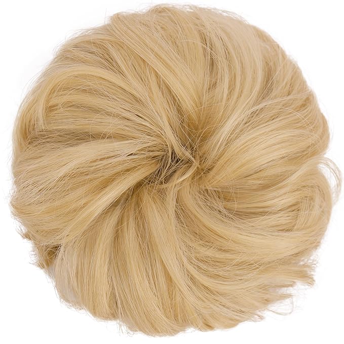 FESHFEN Messy Bun Hair Piece - Large Elastic Wavy Curly Hair Bun Scrunchies Ponytail Extensions Synthetic Chignon Hairpieces for Women, Champagne Blonde 1.94oz