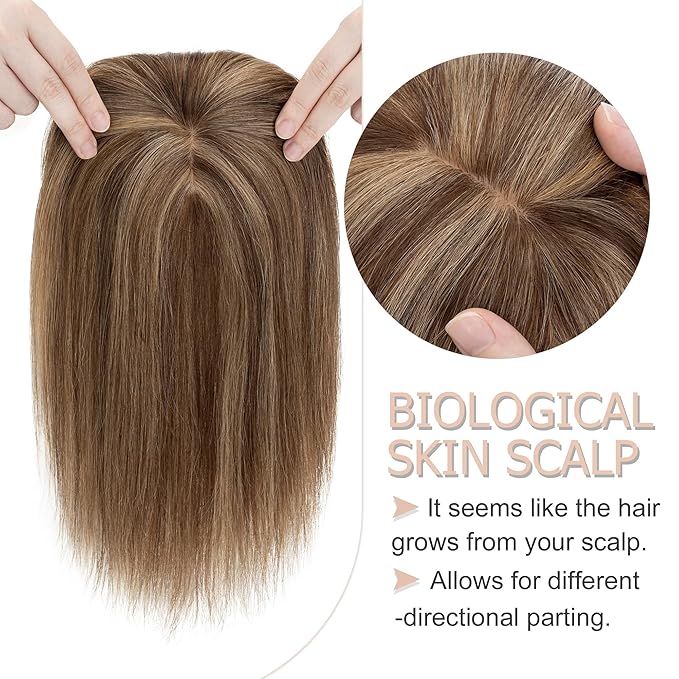 Hair Toppers for Women Real Human Hair With Bangs, 13 * 15 cm Larger Silk Base 150% Density Clip In Topper Hairpieces, Wiglet Top Pieces Add Volume -12 Inch 4P27 Medium Brown&Dark Blonde