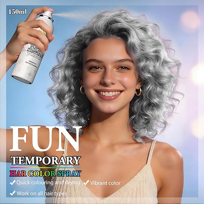 Temporary Hair Color Spray | 150ml Instant Hair Spray for Adults & Kids | Washable & Non-Sticky, Gentle Formula, Silver White | Halloween, Cosplay, Costume Party, Festivals