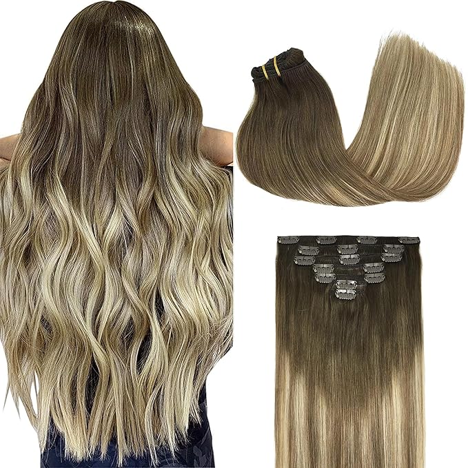 GOO GOO Clip in Hair Extensions Real Human Hair, Remy Human Hair Extensions Clip ins for Women, Natural Human Hair, 14inch 120g 7Pcs, 3/8/613 Balayage Walnut Brown to Ash Brown and Bleach Blonde