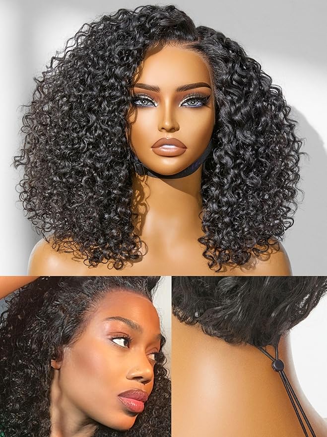 LUVME HAIR 100% Real Human Hair Wig Lace Frontal Deep Curly 16 inches Drawstring Cap Glueless HD Lace Wigs Human Hair Pre Plucked Pre Cut, Curly Wig Human Hair Ready to Go Wig
