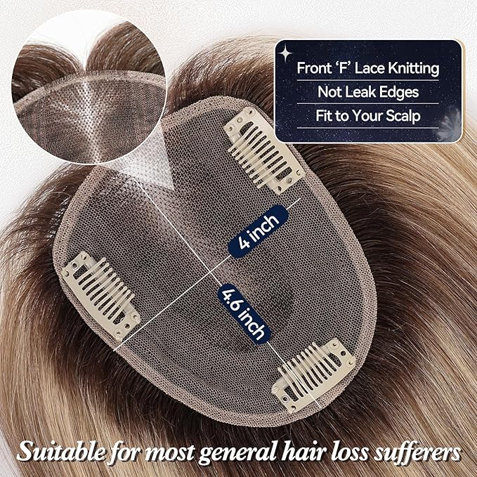 starluck Human Hair Topper for Women with Thinning Hair, 100% Real Human Hairpiece, 4.6 * 4 Inch Upgrade SilkHug Swiss Lace Base Hairpiece,14 Inch, No Bangs (Ombre Ash Blonde)