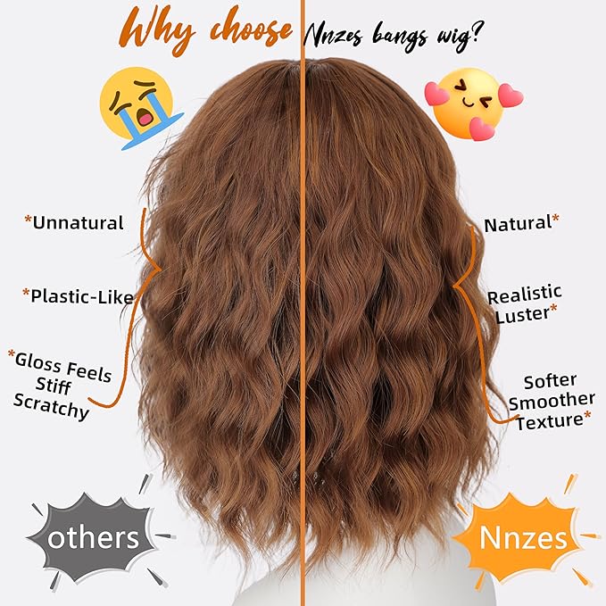Nnzes Short Wavy Bob Wig with Bangs for Women Shoulder Length Curly Soft Chestnut Caramel Mix Synthetic Heat-Resistant Fiber Hair for Daily & Party Use