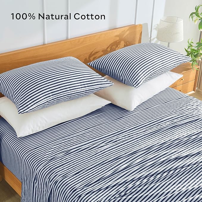 JELLYMONI 100% Natural Cotton Striped King Pillowcases Set, 2 Pack White and Dark Blue Stripes Pattern Printed Pillow Covers with Envelope Closure(Pillows are not Included)