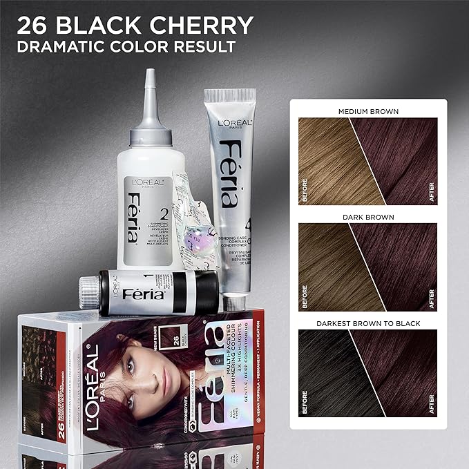 L’Oreal Paris Feria Multi-Faceted Shimmering Permanent Hair Color, High Intensity Hair Dye for 3X Highlights, 26 Black Cherry (Deepest Magenta), 1 Hair Dye Kit