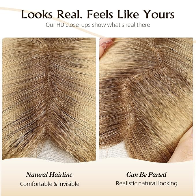 Large MONO Top Hair Toppers for Women Remy Human Hair 14 Inch 6"x7" Big Base Partial wig Cover Thinning Hair or Loss No Bangs Natural Wiglets (Blonde Mixed Brown)