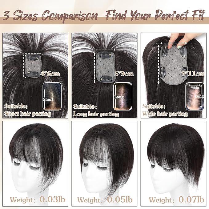 Hair Toppers for Women Real Human Hair - 360° Coverage Brown Black Clip In Topper with Bangs for Thinning Hair Upgraded 5×9 cm Silk Base Ideal for Everyday Use