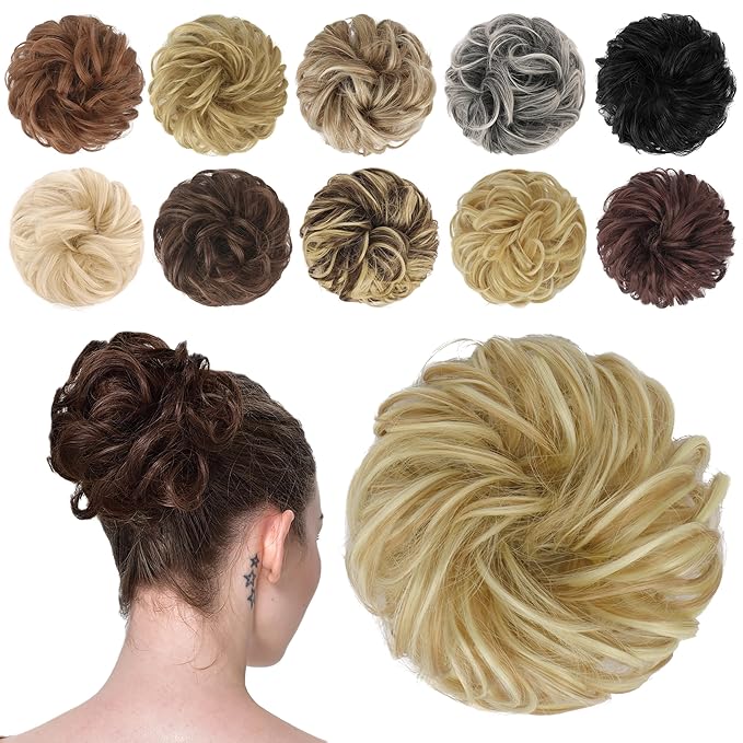 FESHFEN Messy Bun Hair Piece - Elastic Wavy Curly Hair Bun Scrunchies Extensions Synthetic Chignon Hairpieces for Women Girls, Light Ash Brown & Bleach Blonde 1.5 oz