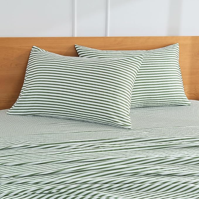 JELLYMONI 100% Natural Cotton Striped Standard Pillowcases Set, 2 Pack White and Green Stripes Pattern Printed Pillow Covers with Envelope Closure(Pillows are not Included)
