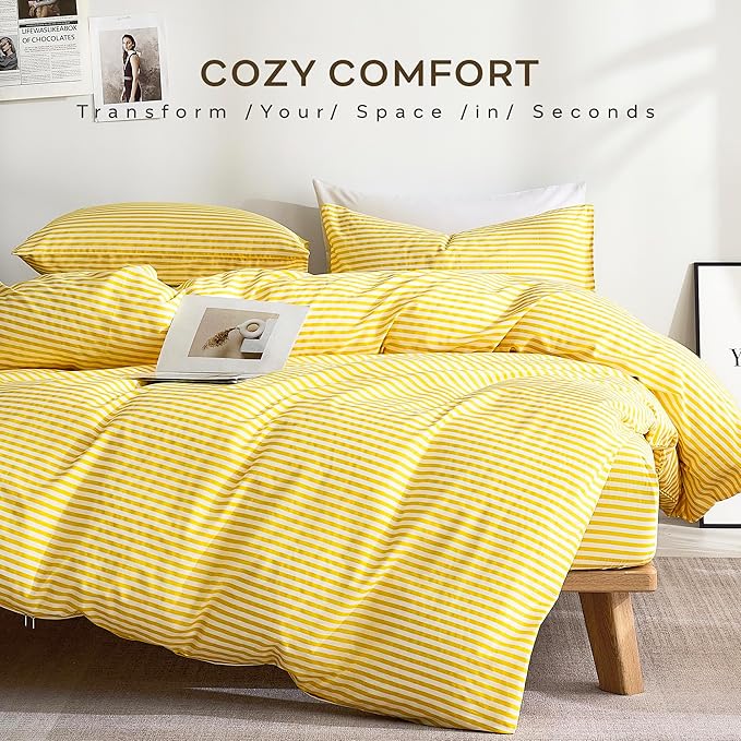 JELLYMONI 100% Natural Cotton Striped Standard Pillowcases Set, 2 Pack Bright Yellow Stripes Pattern Printed Pillow Covers with Envelope Closure(Pillows are not Included)