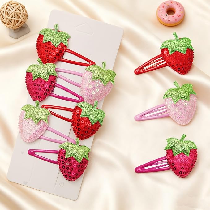 6PCS Strawberry Hair Clips, Sparkly Sequin Hair Barrettes, Snap Hairpins Hair Accessories, for Women and Girls Hair Styling Accessories(Pink, Red and Rose Colors)
