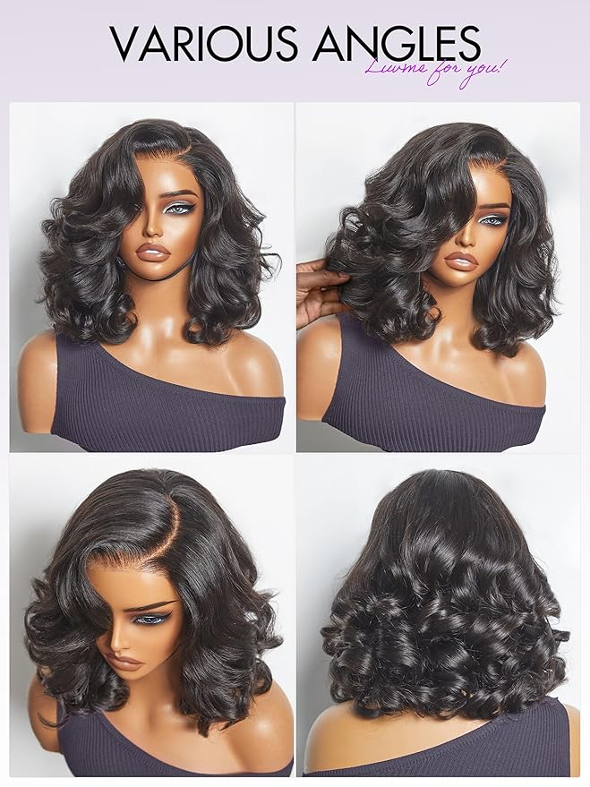 LUVME HAIR Loose Wave Bob Real 100% Human Hair Short Wigs Glueless Pre Cut Plucked Hd Lace Wig Ready To Go Natural Color Bleached Knots Side Part Black Wigs 14 Inches