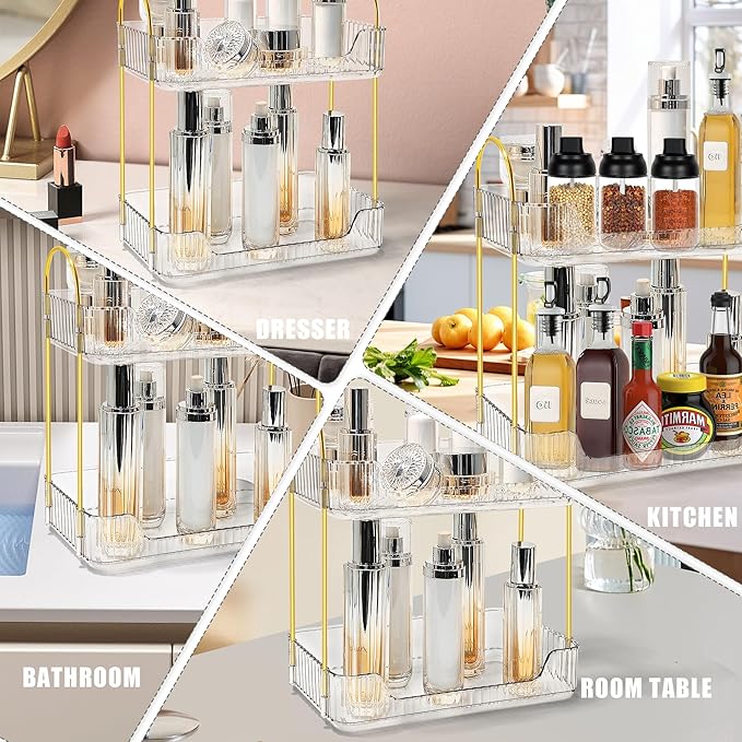 Bathroom Counter Organizer Countertop Storage Skincare Countertop Makeup Organizer Cosmetics Skincare Organizers Holder for Perfume-Clear-golden pole