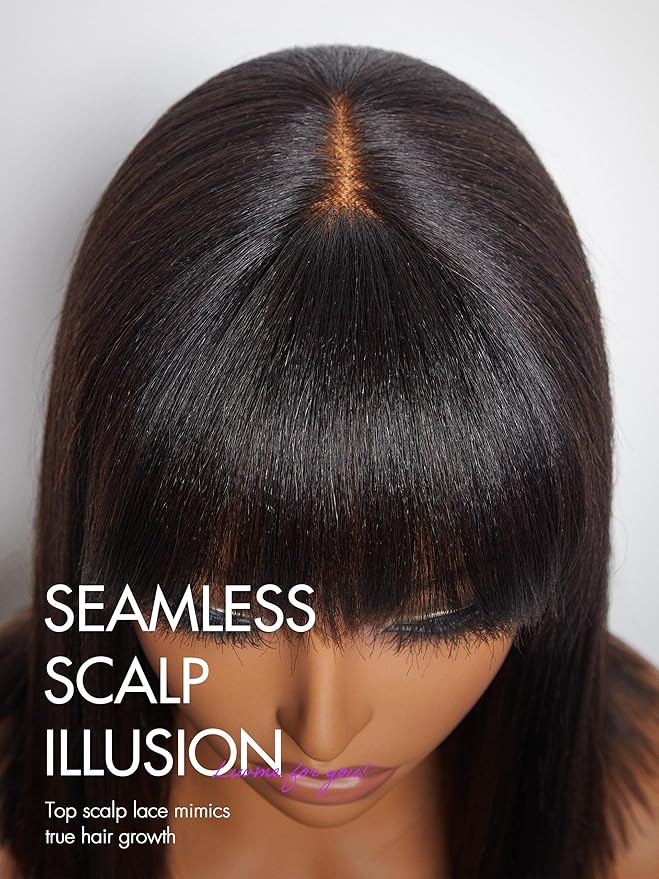 LUVME HAIR 12 Inch Light Yaki Straight Bob Wig with Bangs Human Hair Realistic HD Lace Short Black Bob Wigs, Ready to Go Blunt Cut Bob Wig Glueless 180 Density