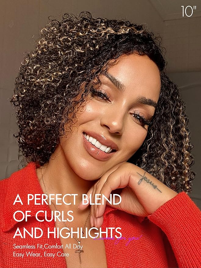LUVME HAIR 10 Inch Blonde Highlight Short Curly Human Hair Wig Glueless Pre Plucked Left C Parted Ombre Bob Wig, Ready to Go Pre Cut HD Lace Closure Wig
