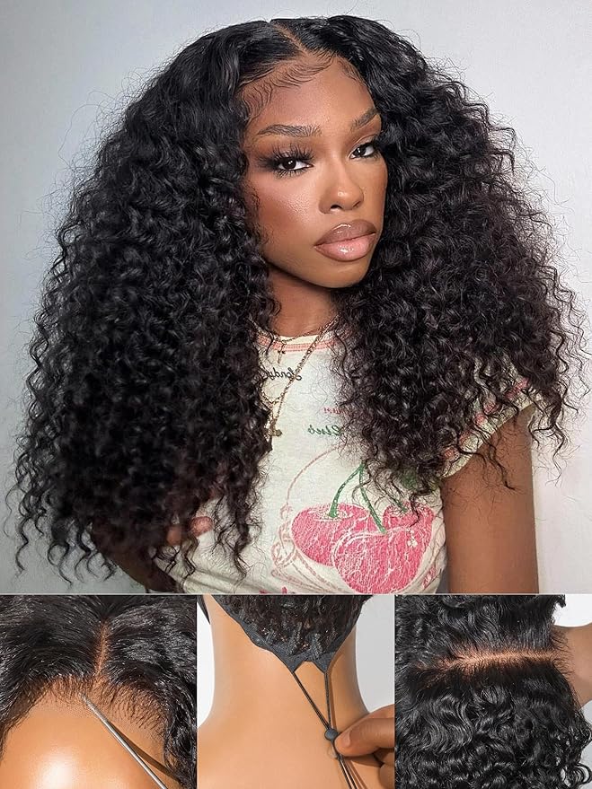 LUVME HAIR 5X5 Kinky Curly 200% Human Hair Wigs Glueless Lace Front 18 Inches Pre Cut Plucked Hd Lace Wig Ready To Go Natural Color Flexi-Fit Drawstring Cap Bleached Knots Black Wigs