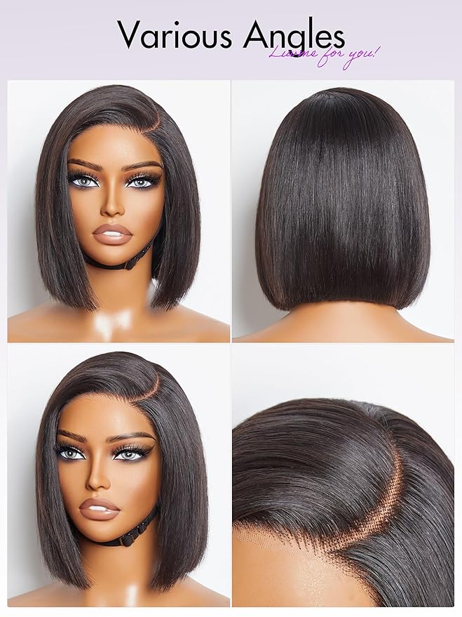 LUVME HAIR 8'' Blunt Cut Bob Wig Human Hair Pre Cut Glueless HD Lace Closure Wig Pre Plucked Mature Boss Side Parted Straigh Human Hair Short Wigs For Women