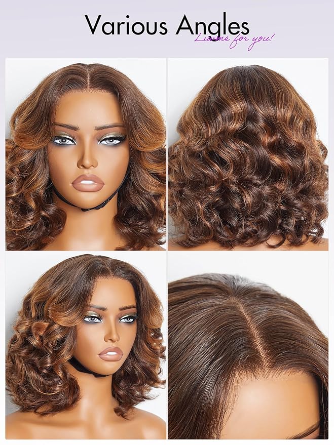 LUVME HAIR 10? Brown Ombre Bob Wig Human Hair Pre Cut Glueless HD Lace Closure Wig Pre Plucked, Light Brown Multicolored Short Loose Wave Wigs For Women