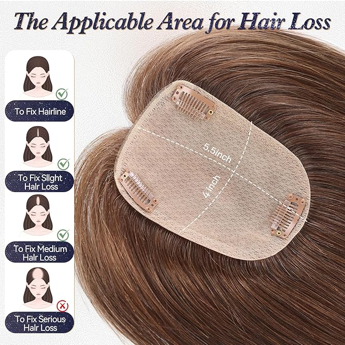 starluck Human Hair Toppers for Women Real Human Hair No Bangs 4 * 5.5 inch Base 12 inch SilkHug Hair Topper for Women Cover Grey Roots(Medium Brown)