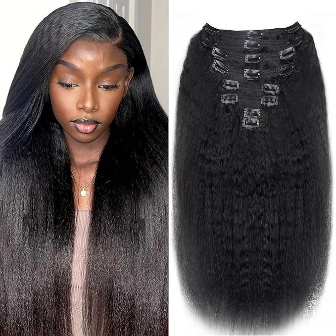 28 Inch Kinky Straight Clip In Hair Extensions Real Human Hair Kinky Straight Clip Ins #1B Natural Color Clip on Hair Extensions 8pcs with 18Clips Per Set 120g