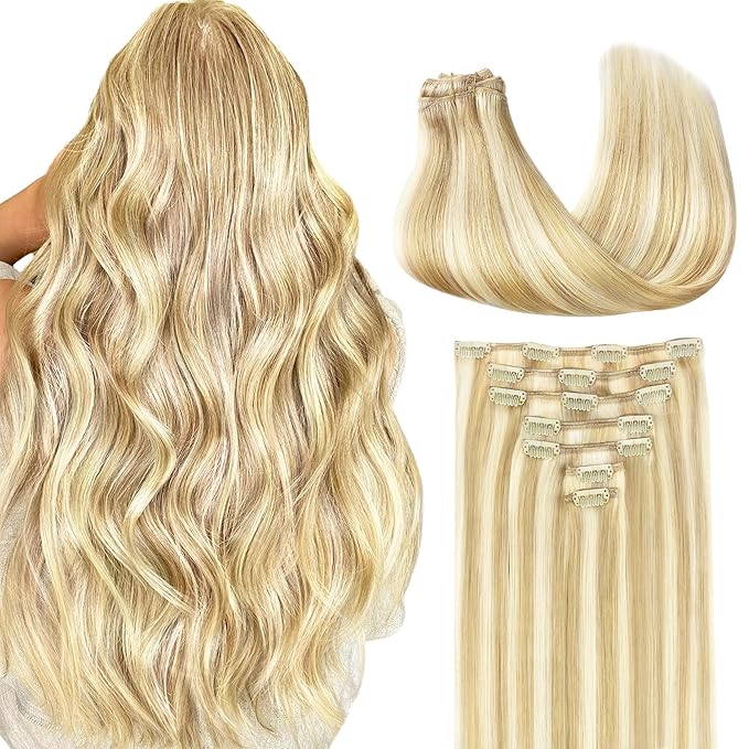 GOO GOO Clip in Hair Extensions Real Human Hair, Remy Human Hair Extensions Clip ins for Women, Natural Human Hair, 26inch 180g 7Pcs, #18D/22F Dirty Blonde Highlights