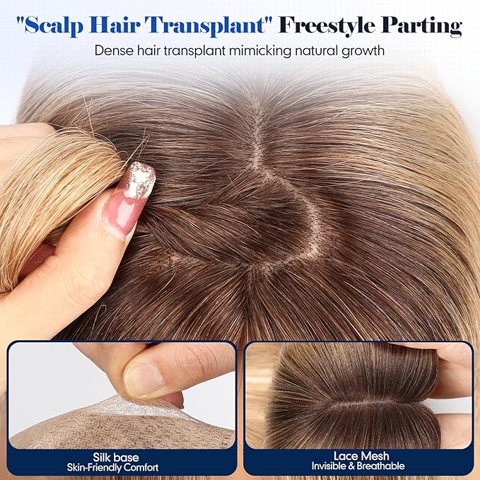 HAIRCUBE Hair Toppers For Women With Thinning 5"*5" Large Base Real Hair Toppers For Women, 14 Inch For Hand-Woven, 60g, Silk, Natural, realistic, Use Daily, Hairloss, Ombre Light Brown, No Bangs