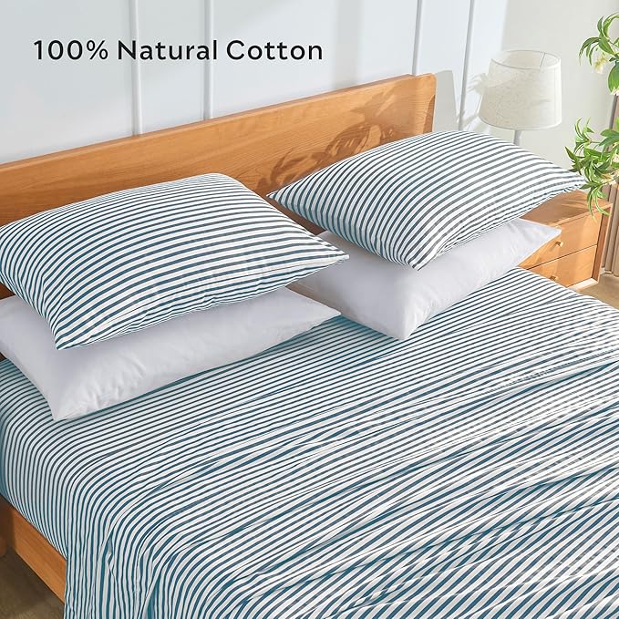 JELLYMONI 100% Natural Cotton Striped Queen Pillowcases Set, 2 Pack White and Grayish Blue Stripes Pattern Printed Pillow Covers with Envelope Closure(Pillows are not Included)