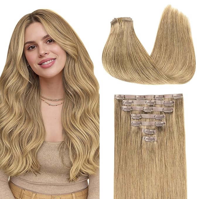GOO GOO Clip in Hair Extensions Real Human Hair, Remy Human Hair Extensions Clip ins for Women, Natural Human Hair, 18inch 130g 7Pcs, 7 Bronde