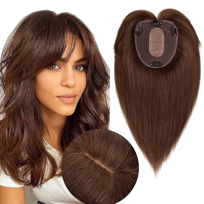 Hair Toppers for Women Real Human Hair With Bangs, 13 * 15 cm Larger Silk Base 150% Density Clip In Topper Hairpieces, Wiglet Top Pieces Add Volume -14 Inch 04 Medium Brown