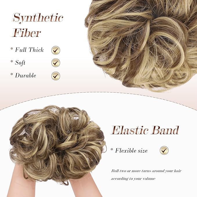 FESHFEN Messy Bun Hair Piece - Large Elastic Wavy Curly Hair Bun Scrunchies Ponytail Extensions Synthetic Chignon Hairpieces for Women, Light Brown & Blonde 1.94oz