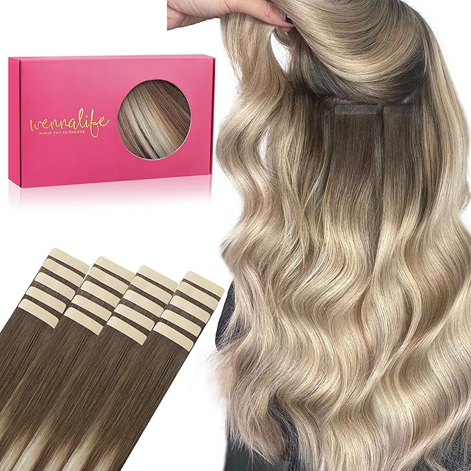 WENNALIFE Tape in Hair Extensions Human Hair, 20pcs 50g 14 inch Sandy Brown to Platinum Blonde Remy Hair Extensions Straight Human Hair Tape in Extensions Skin Weft Tape Extensions Human Hair