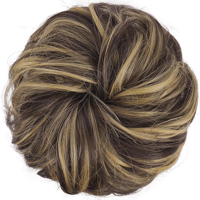 FESHFEN Messy Bun Hair Piece - Elastic Wavy Curly Hair Bun Scrunchies Extensions Synthetic Chignon Hairpieces for Women, Dark Brown & Champagne Blone 1.5 oz