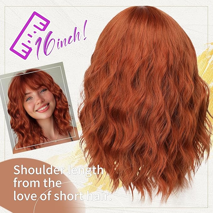Nnzes Short Orange red Wavy Wig with Bangs for Women Shoulder Length Bob Curly Women's Charming Synthetic Wigs with Natural Wavy Wig Heat Resistant Hair for Daily Party Use