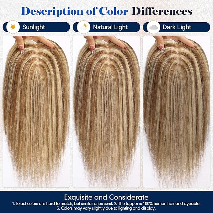 HAIRCUBE Hair Toppers For Women With Thinning 5"*5" Large Base Real Hair Toppers For Women, 14 Inch For Hand-Woven, 60g, Silk, Natural, Realistic, Use Daily, Hairloss, Brown Mixed Blonde, with bangs