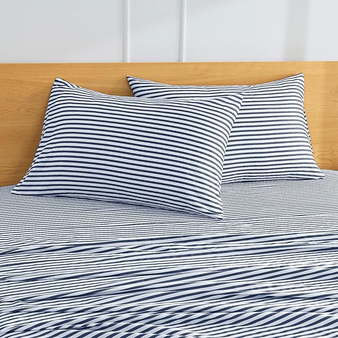 JELLYMONI 100% Natural Cotton Striped King Pillowcases Set, 2 Pack White and Dark Blue Stripes Pattern Printed Pillow Covers with Envelope Closure(Pillows are not Included)