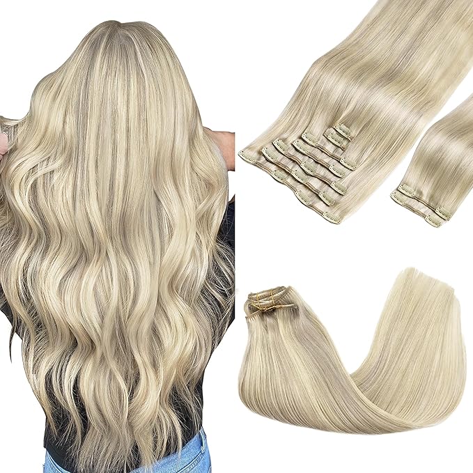 GOO GOO Clip in Hair Extensions Real Human Hair, Remy Human Hair Extensions Clip ins for Women, Natural Human Hair, 20inch 150g 9Pcs, 17A/60A Ash Blonde Highlighted Platinum Blonde