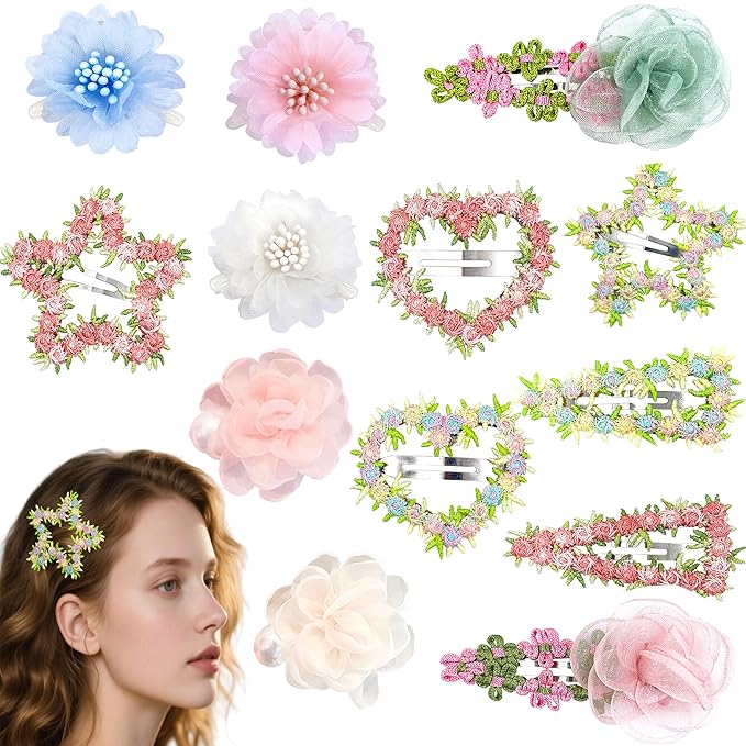 13PCS Mixed Floral Hair Clip Set - 3 Camellia Claws (Pink/Blue/White), 2 Pink-Green Tulle Clips, 6 Flower Barrettes (Heart/Star), 2 Pearl Mesh Clips, Claw Clip Accessories For women/girls