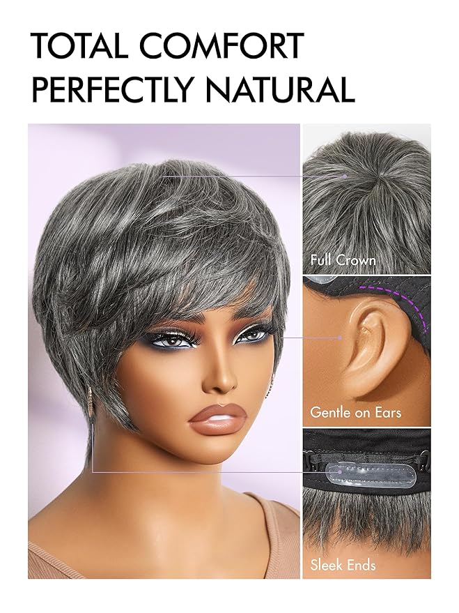 LUVME HAIR Ultra Comfort Salt & Pepper Gray Wigs Throw On & Go Short Pixie Cut with Bangs 5 Inches Skin Friendly Cotton Cap 100% Real Human Hair Glueless Wig Glueless Wig Hair Full Machine Made