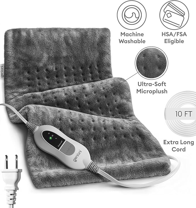 GENIANI XL Electric Heating Pad for Back Pain & Cramps Relief, Electric Throw, Birthday Christmas Gifts for Women, Men Auto Shut Off, Machine Washable, Heat Pad for Neck & Shoulder, 12×24", Tabby Gray