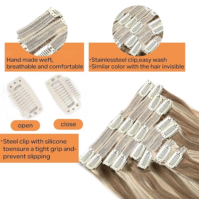 Straight Clip In Hair Extensions Real Human Hair 8Pcs Clip In Balayage Chestnut Brown Highlight Blonde Human Hair Extensions with 18Clips Lace Weft 120g 24inch