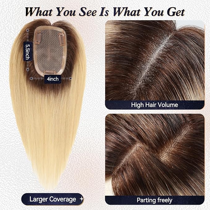 starluck Hair Toppers for Women Real HumanHair,5.5"*4"MONO Large Base,100% Real Human Hair-Toppers for Women with Thinning,46g Hand-moven Topper,Gray Roots,High Volume,Ombre Light Blonde
