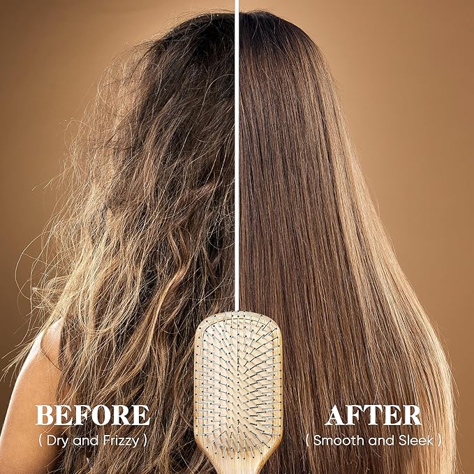 BFWood Bamboo Hair Brush with Steel Bristles, Help Hair Growth and Massaging Scalp