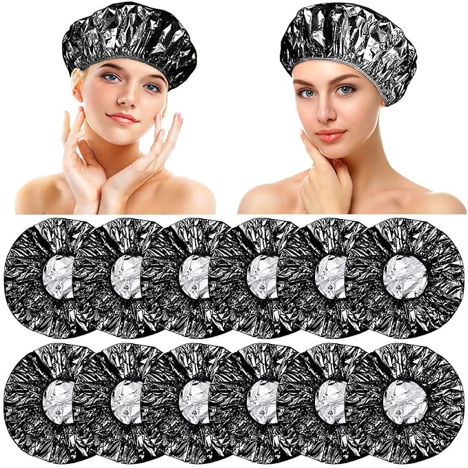 12 Pieces Deep Conditioning Caps Aluminum Foil Reusable Hair Processing Hair Coloring Shower Caps for Home Salon Use(12 Inch,Black)