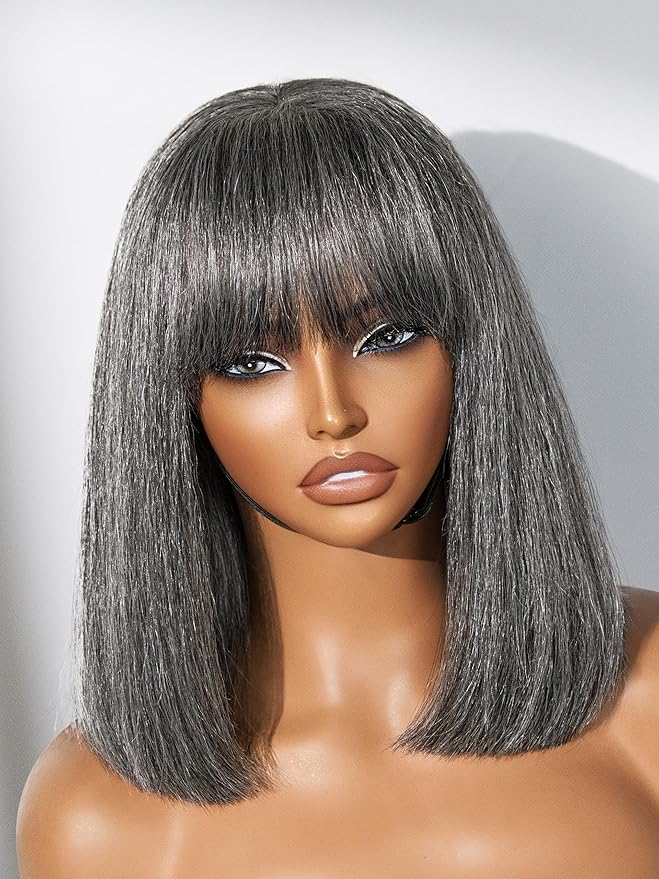 LUVME HAIR All-Day Comfort Wig 12 Inch Grey Salt & Pepper Silky Straight Bob Wig with Bangs Human Hair Glueless HD Lace Bob Wig with Mix Grey Color, Ready to Go Short Wigs For Women